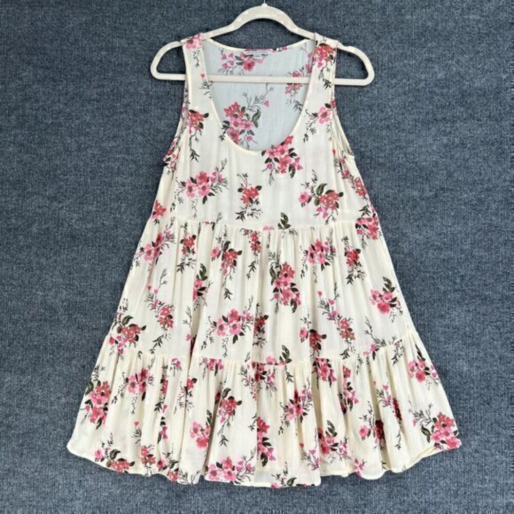 American Eagle Babydoll Dress Womens Small Cream Tiered Floral Crepe Crinkle